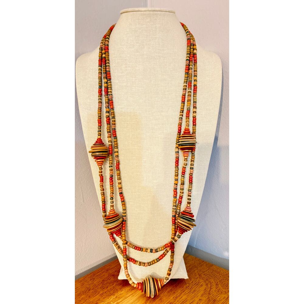 Vintage Multi Strand Wood Bead Necklace Boho Tribal Statement 42 Inch
